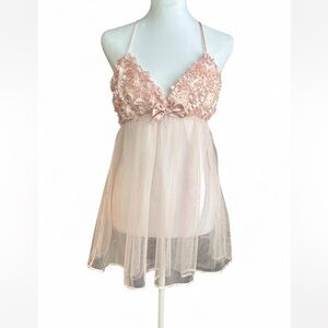 Flora Nikrooz pink satin and mesh babydoll with 3D floral appliqués